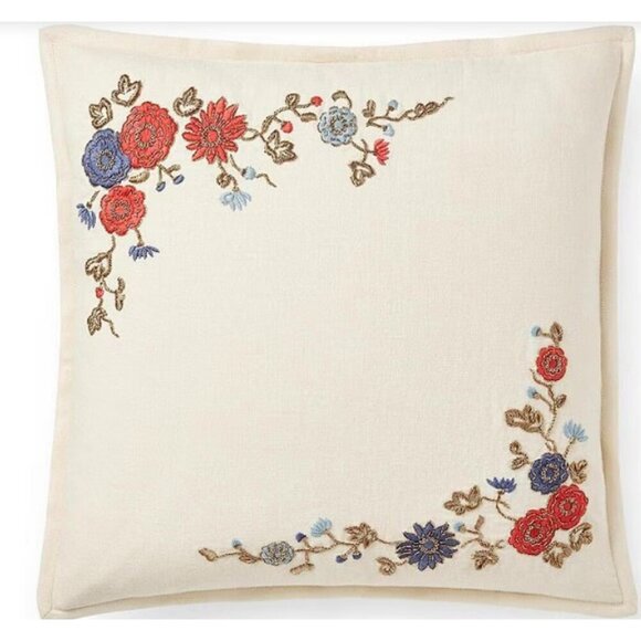 New Ralph Lauren Macall Embroidery Pillow Cover 18x18 Cream Floral Linen - Picture 1 of 5